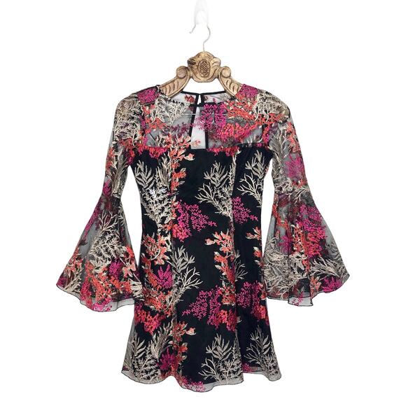 Jay Godfrey Mini Dress Floral Embroidery Sheer Overlay Bell Sleeve Flare 4 - Picture 11 of 11